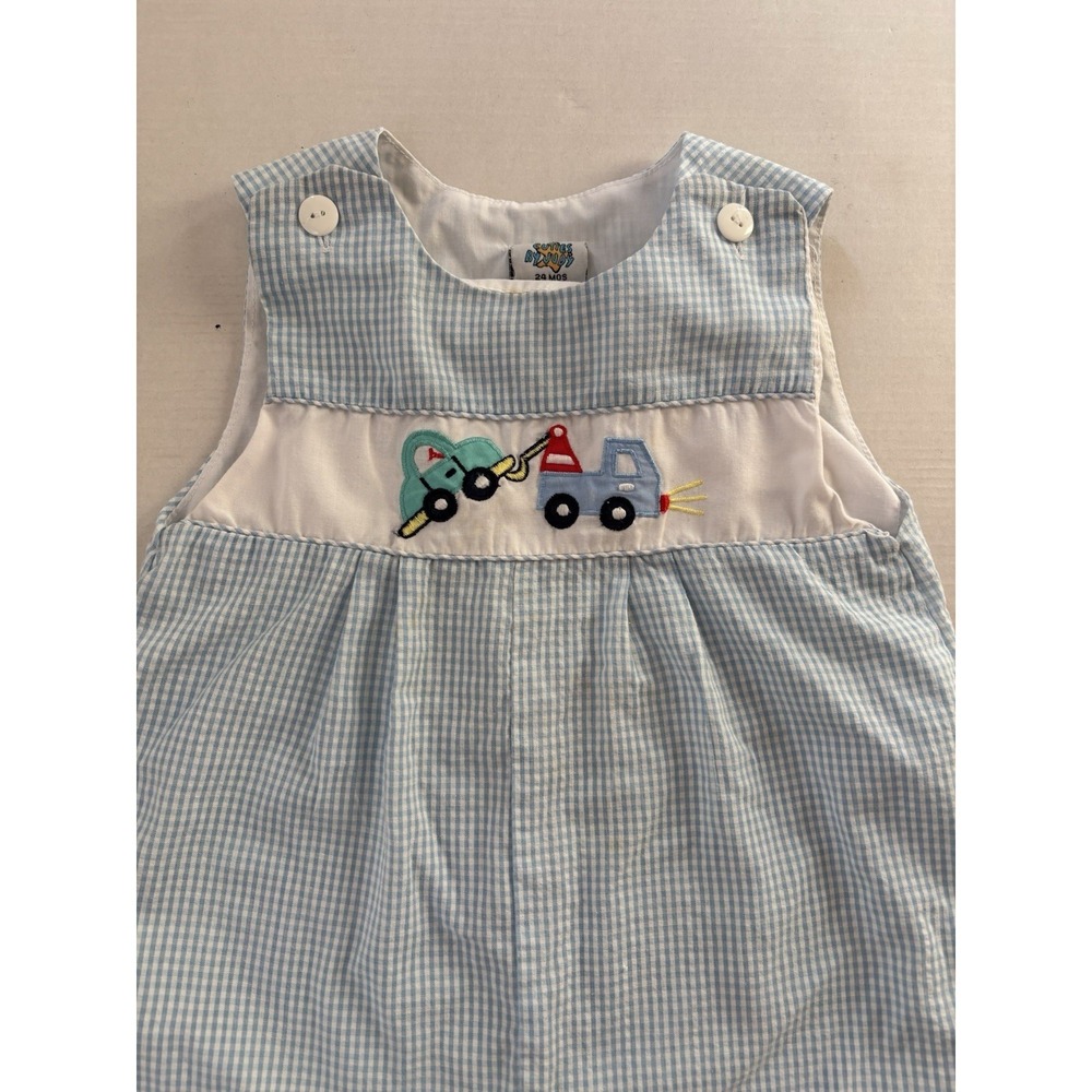 Vintage Baby Boy One Piece Romper Sz 24 Months Blue Checkered Tow Truck Car - Picture 3 of 6